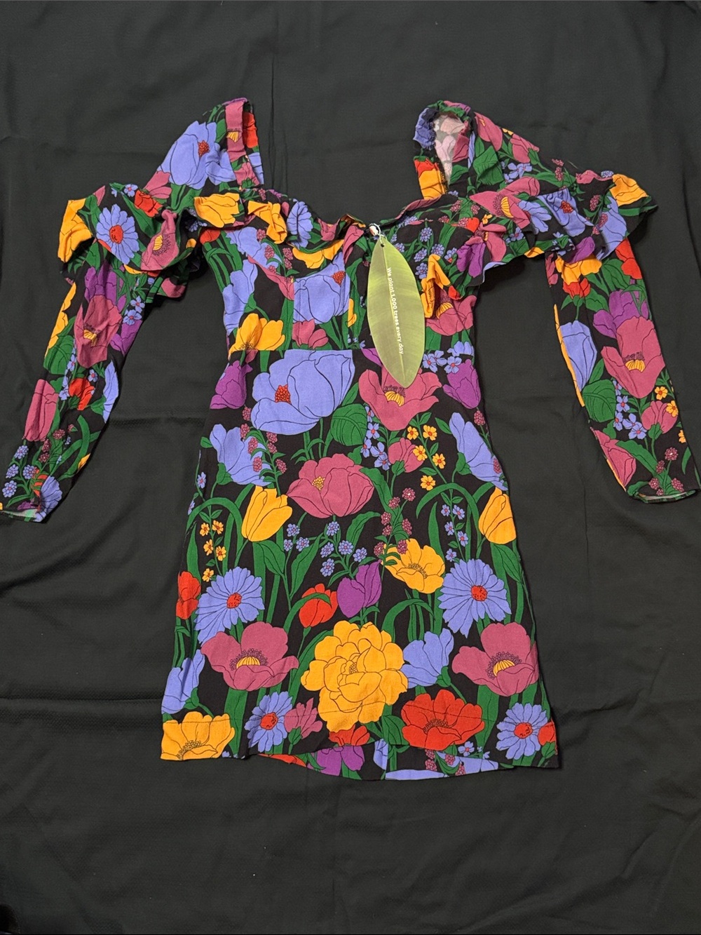 FARM Rio Black Floral Off-Shoulder Long Sleeve Mini Dress with Multicolor Blooms